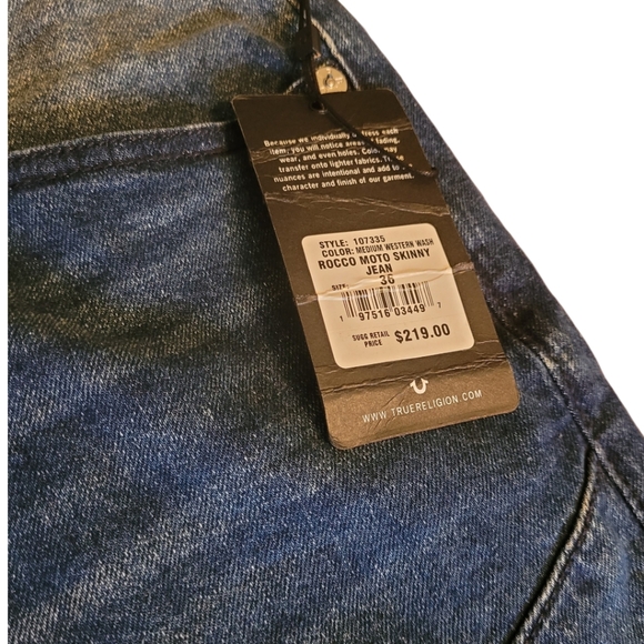 True Religion Rocco Moto Relaxed Skinny Jeans Medium Western Wash Blue 36 x 32 - Picture 8 of 16